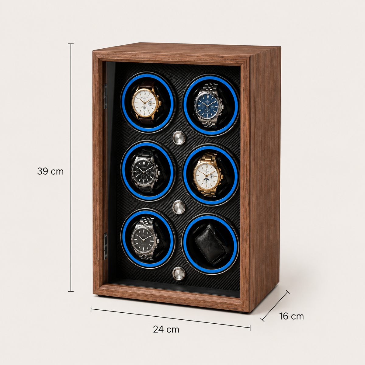 Remontoir Automatique 6 Montres – Orsay, schéma des dimensions, finition noyer, avec montres installées