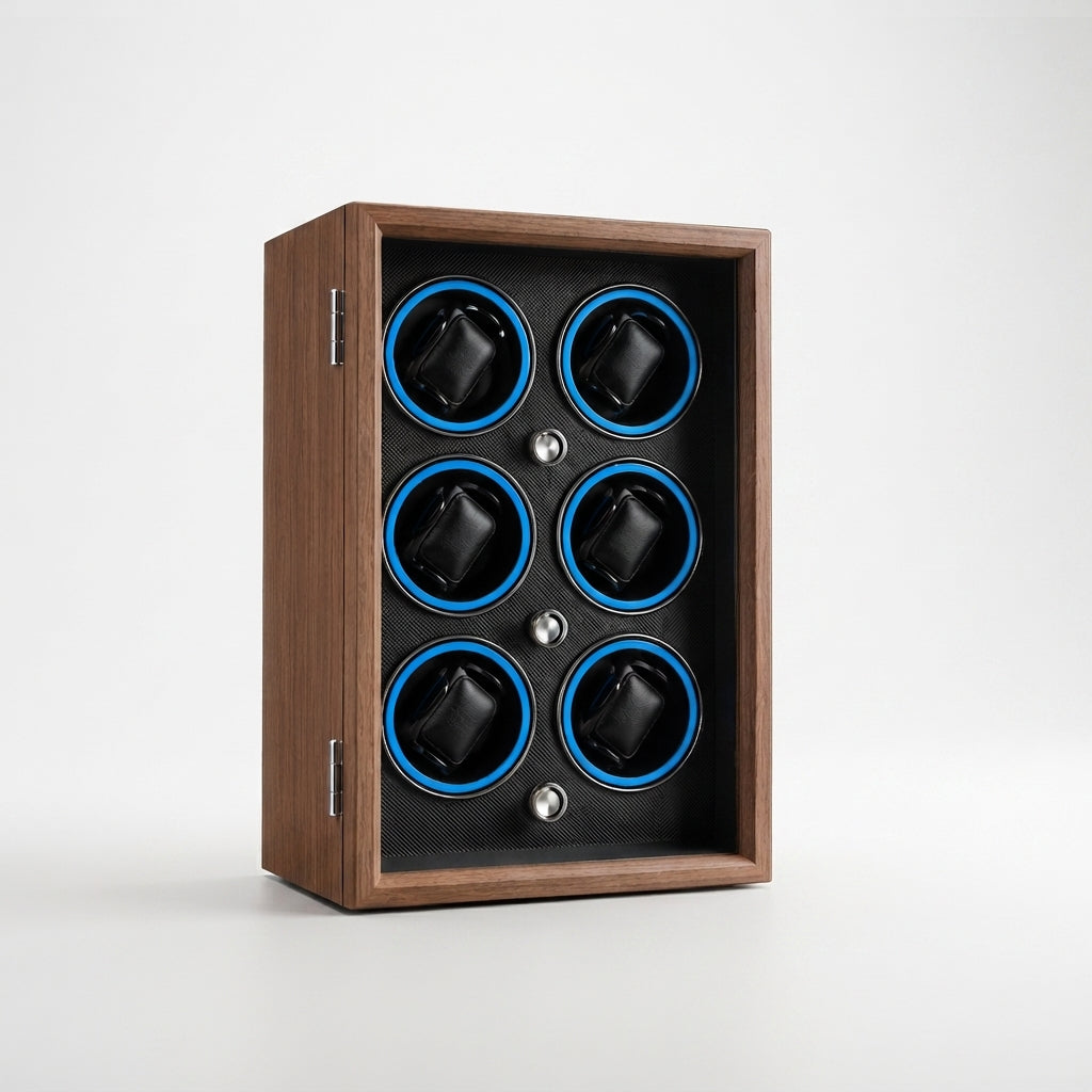 Remontoir Automatique 6 Montres – Orsay, vue de trois quarts sur fond clair, finition noyer