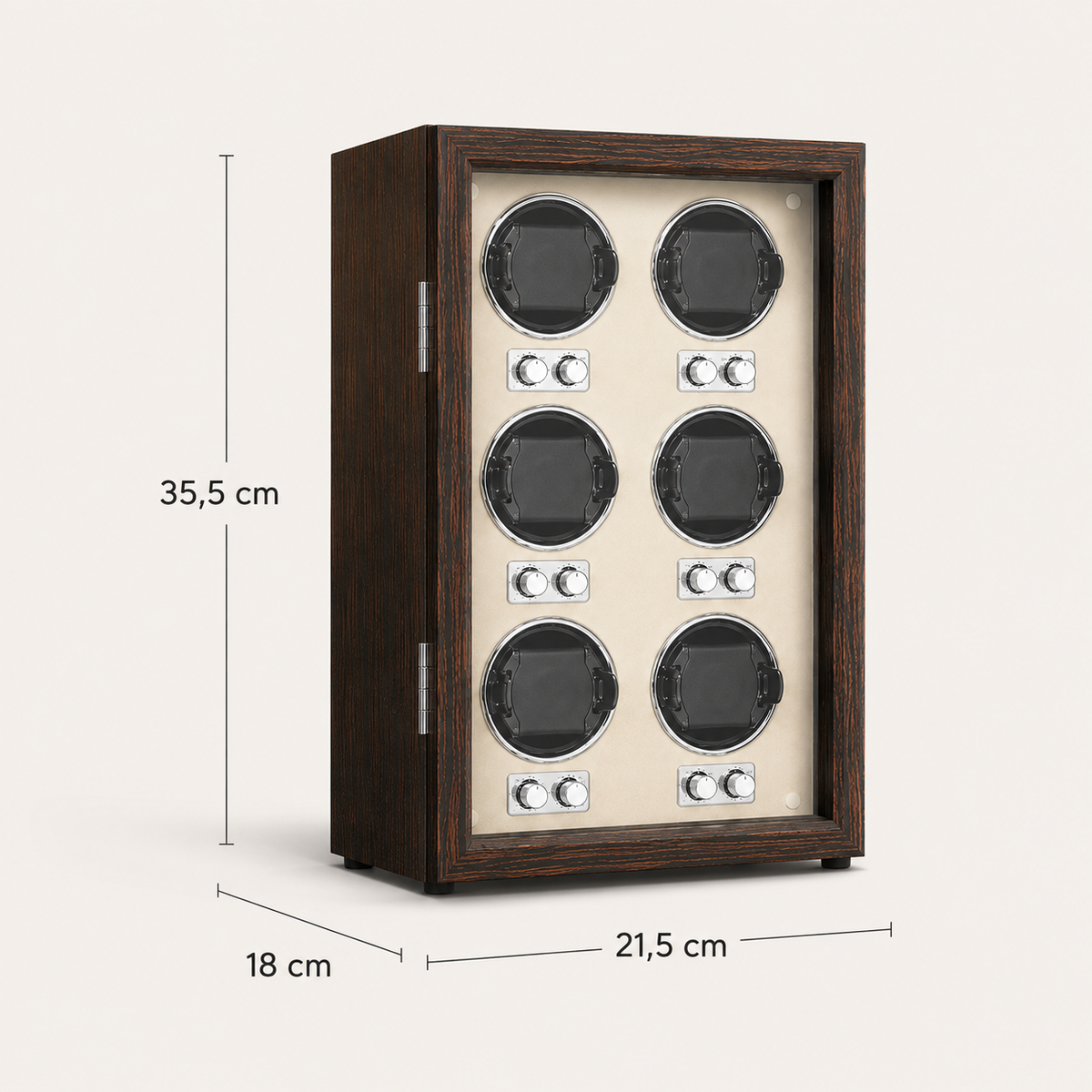 Remontoir Automatique 6 Montres – Pereire, schéma des dimensions, finition Bois Noyer & Ivoire