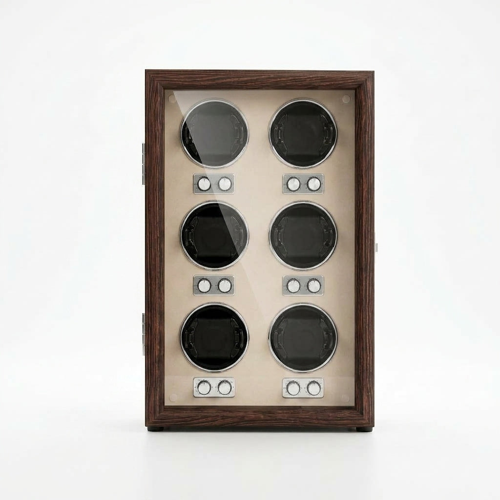 Remontoir Automatique 6 Montres – Pereire, vue de face sur fond clair, finition Bois Noyer & Ivoire