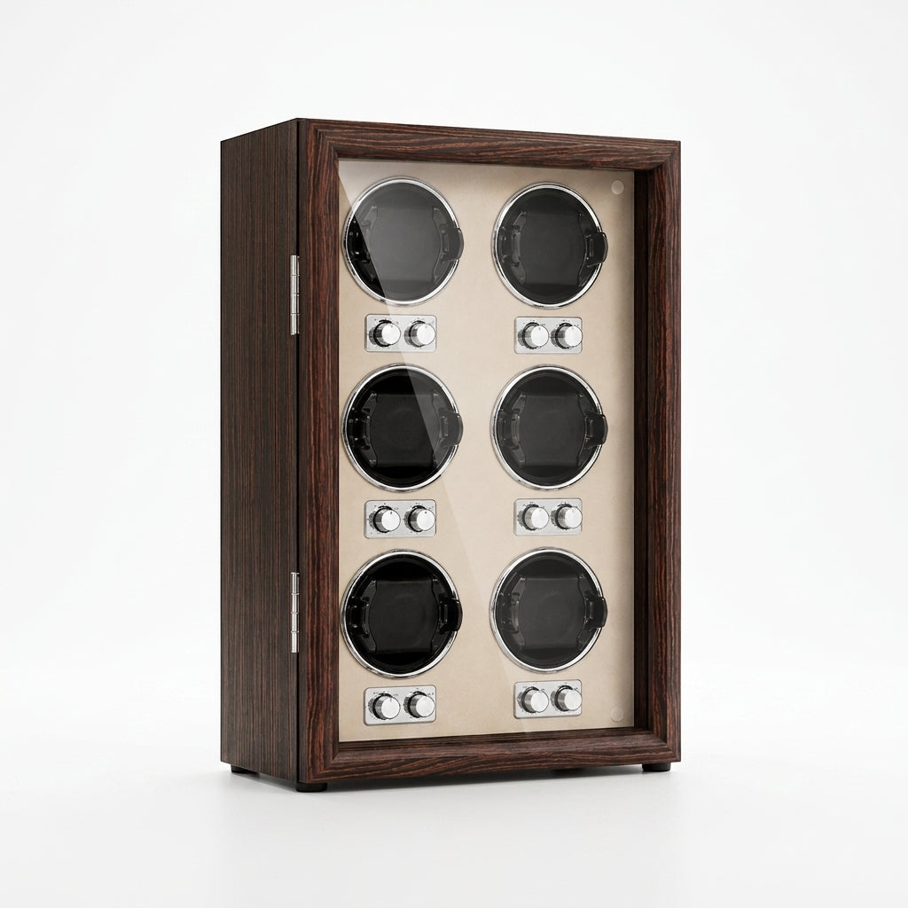 Remontoir Automatique 6 Montres – Pereire, vue de trois quarts sur fond clair, finition Bois Noyer & Ivoire