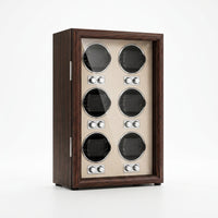 Remontoir Automatique 6 Montres – Pereire, vue de trois quarts sur fond clair, finition Bois Noyer & Ivoire