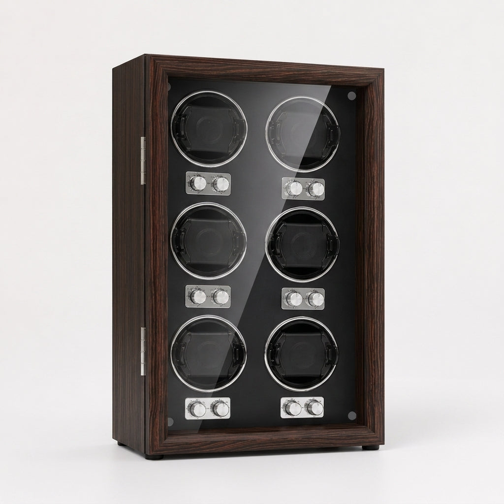 Remontoir Automatique 6 Montres – Pereire, vue de trois quarts sur fond clair, finition Bois Noyer & Onyx