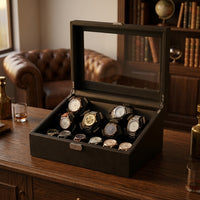 Remontoir Automatique 6 Montres + Rangement 6 Montres – Vaugirard, mise en situation sur un bureau en bois, finition noire, avec montres installées