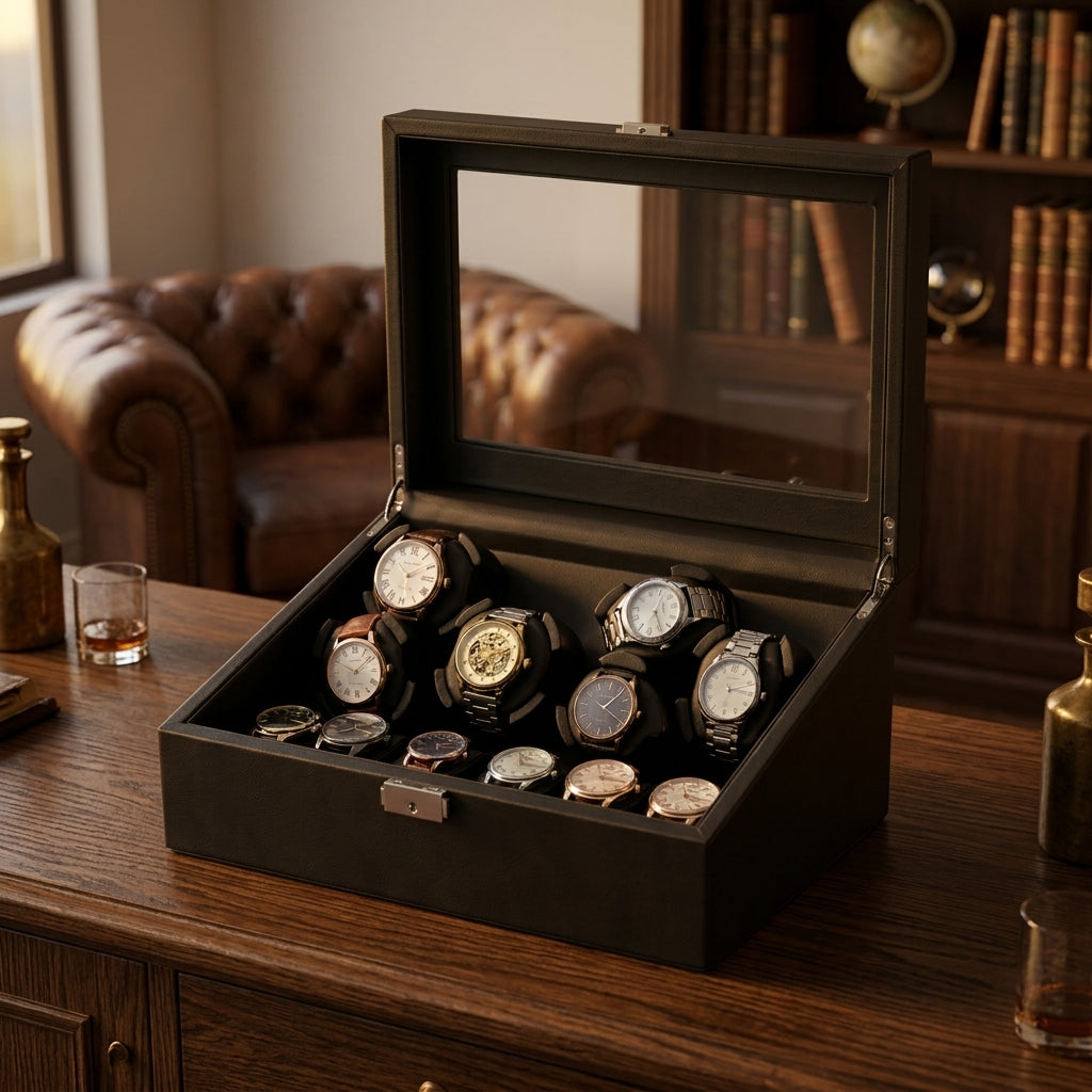 Remontoir Automatique 6 Montres + Rangement 6 Montres – Vaugirard, mise en situation sur un bureau en bois, finition noire, avec montres installées