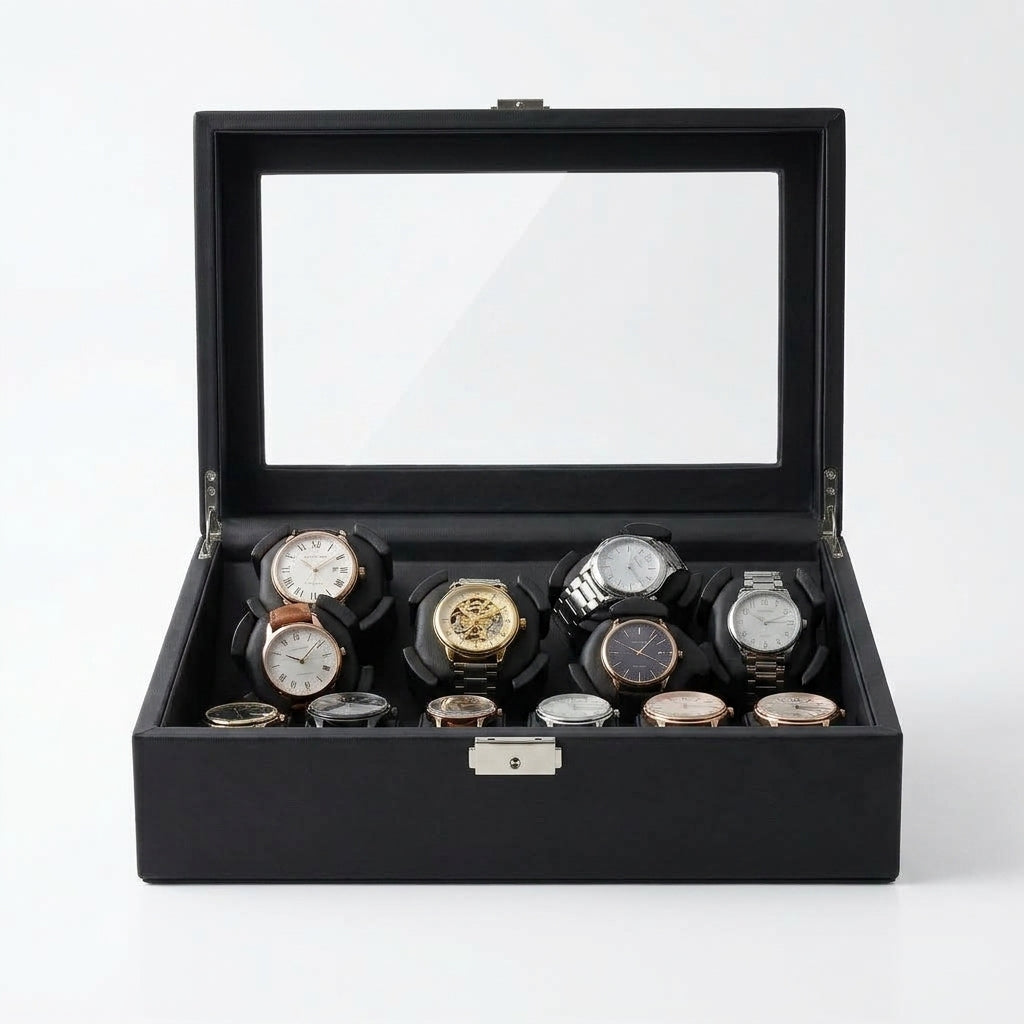 Remontoir Automatique 6 Montres + Rangement 6 Montres – Vaugirard, vue de face sur fond clair, finition noire, avec montres installées