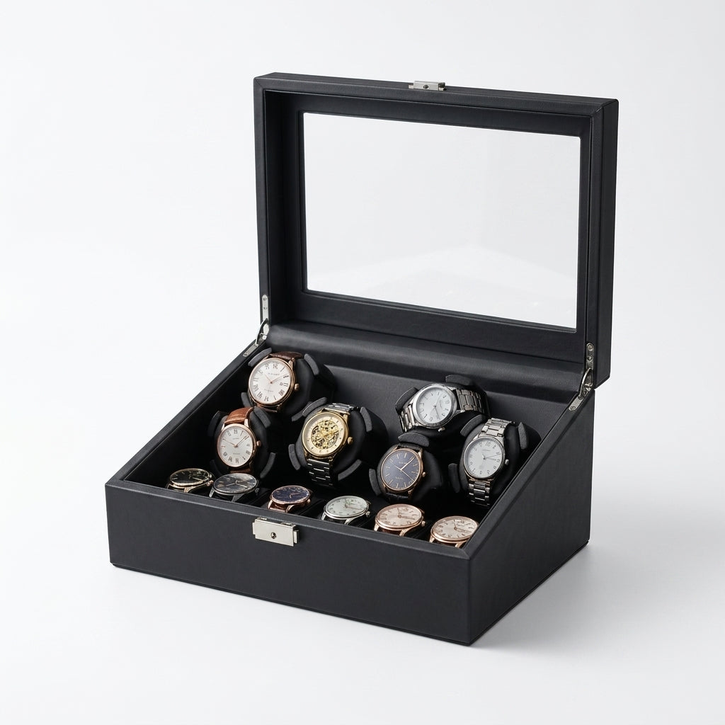 Remontoir Automatique 6 Montres + Rangement 6 Montres – Vaugirard, vue de trois quarts sur fond clair, finition noire, avec montres installées