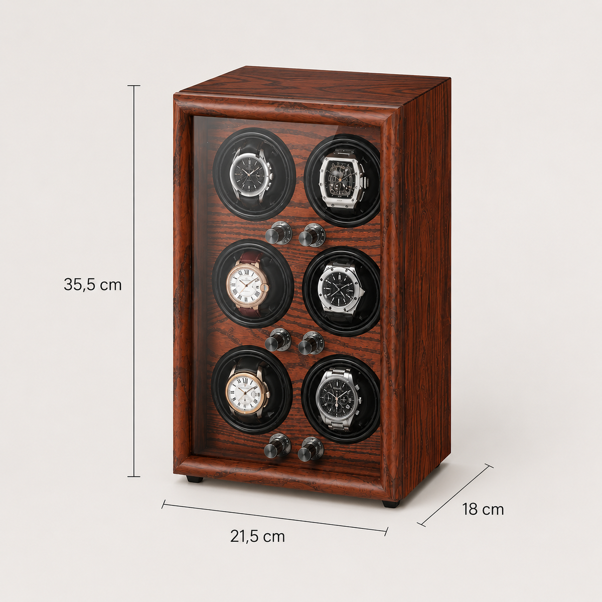 Remontoir Automatique 6 Montres – Raspail, schéma des dimensions, finition Bois Acajou, avec montres installées