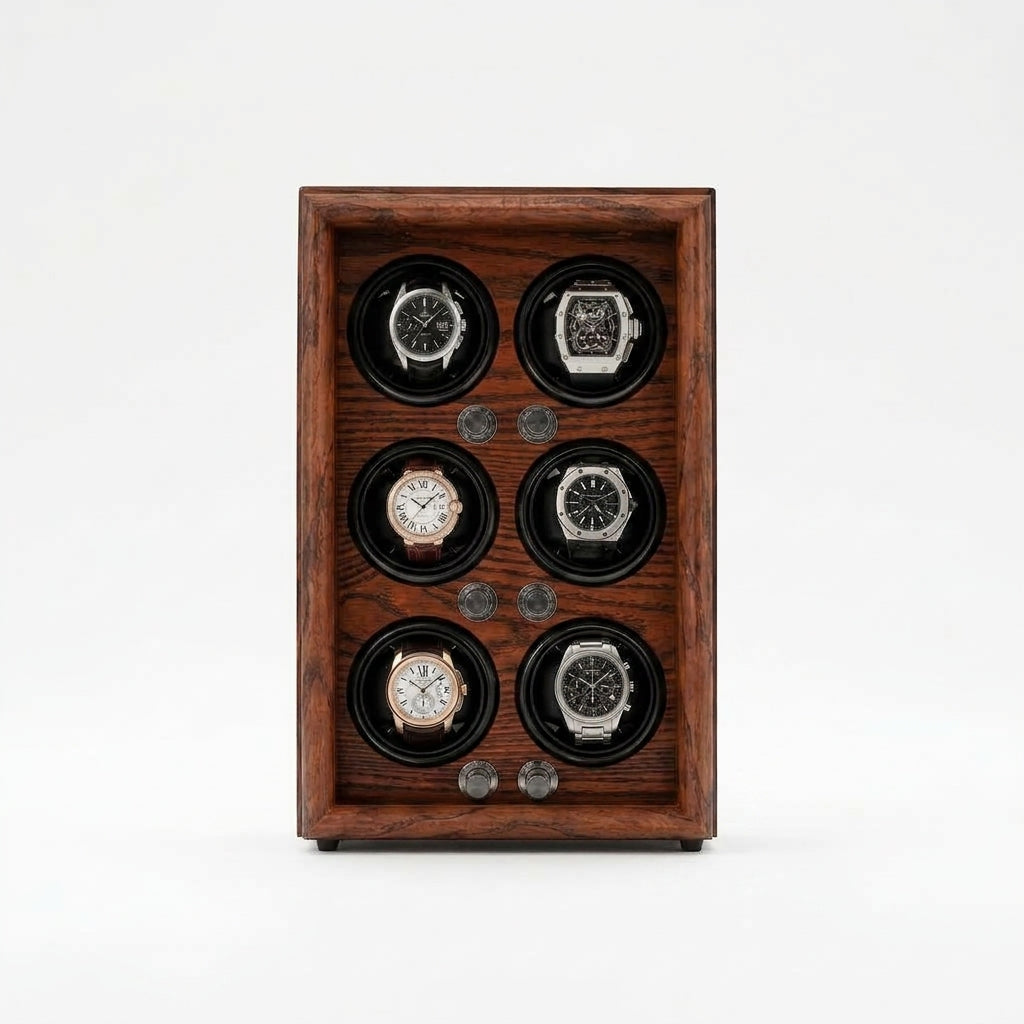 Remontoir Automatique 6 Montres – Raspail, vue de face sur fond clair, finition Bois Acajou, avec montres installées