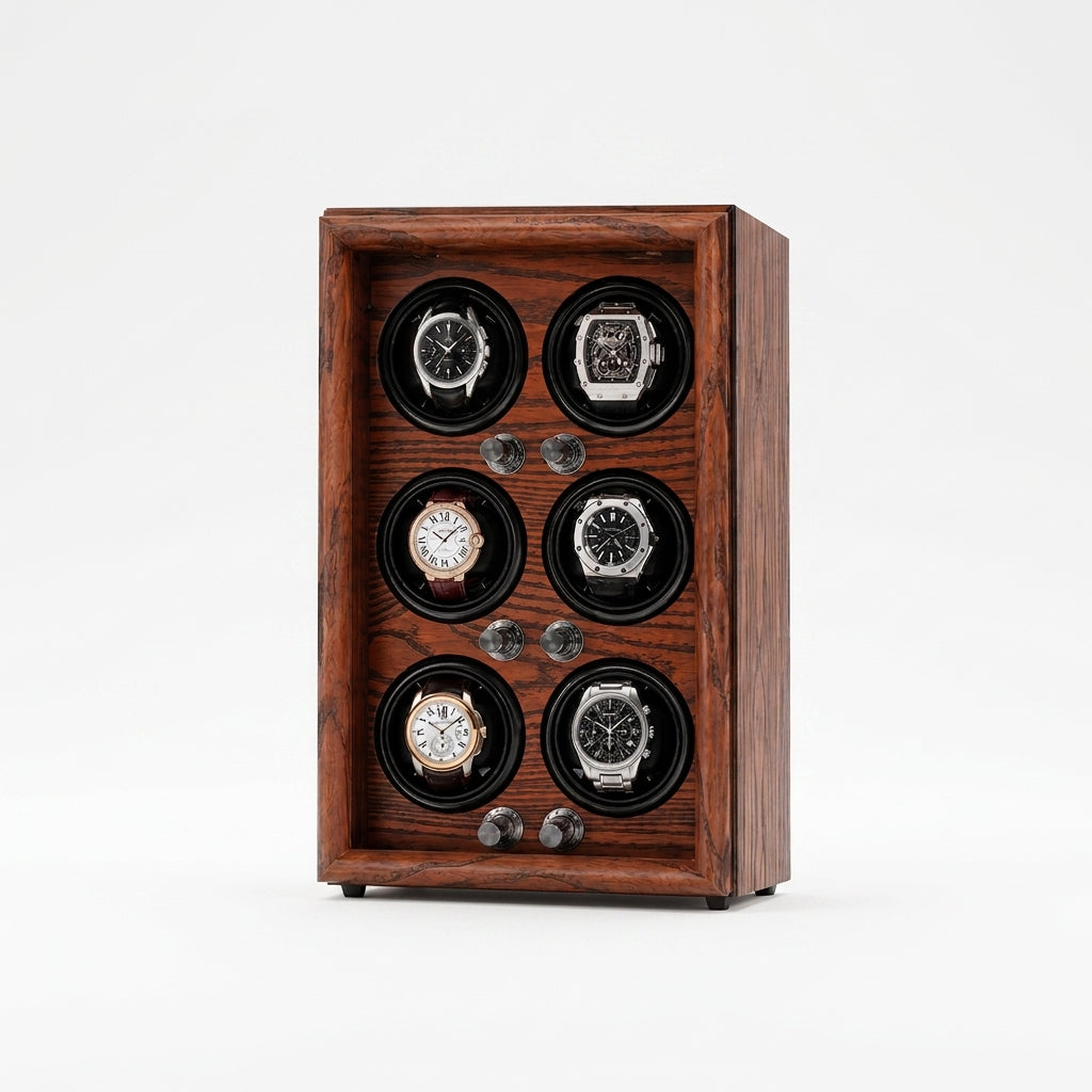 Remontoir Automatique 6 Montres – Raspail, vue de trois quarts sur fond clair, finition Bois Acajou, avec montres installées
