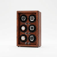 Remontoir Automatique 6 Montres – Raspail, vue de trois quarts sur fond clair, finition Bois Acajou, avec montres installées